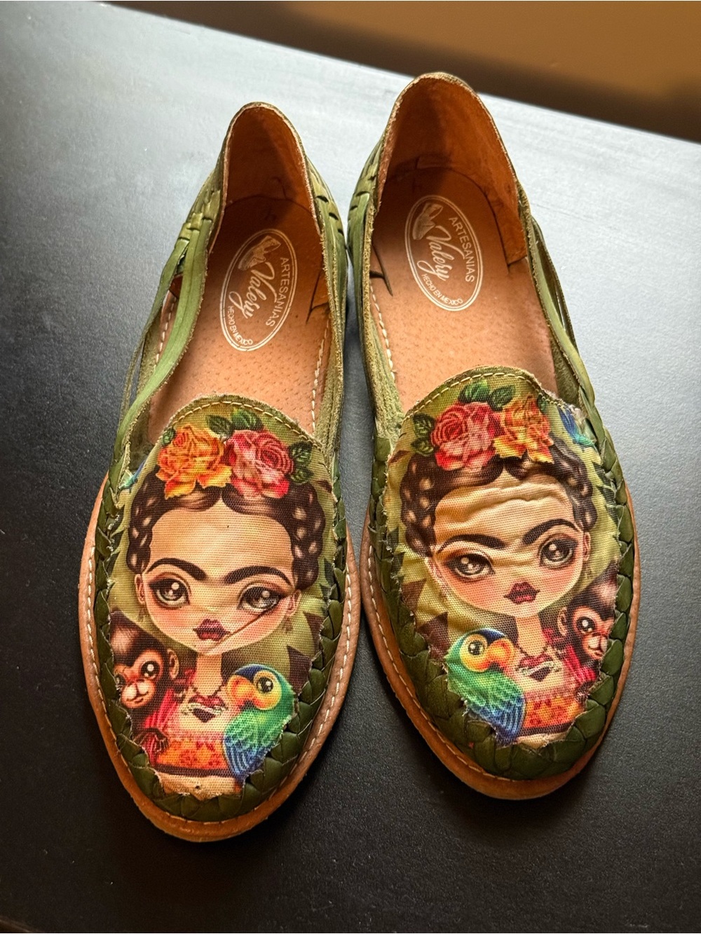 Hand-Painted Olive Green Frida-Inspired Slip-On Flats